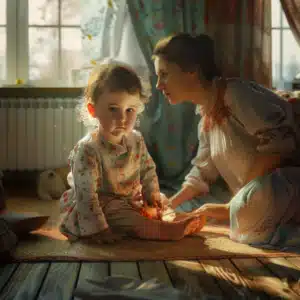 Ένα μικρό κορίτσι που πάσχει από ιλαρά παίζει στο δωμάτιο απομονωμένη με τη μητέρα της