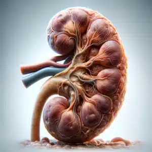 Η εικόνα απεικονίζει ένα ανθρώπινο νεφρό με σαφείς ενδείξεις νεφρικής ανεπάρκειας